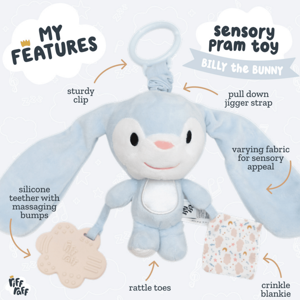 Sensory Pram Toy - Billy the Bunny - Riff Raff Baby US