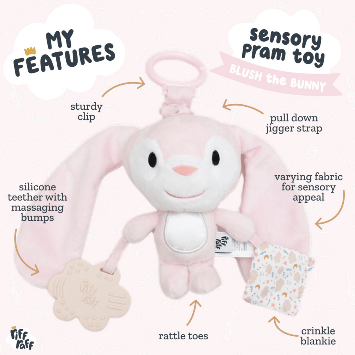 Sensory Pram Toy - Blush the Bunny - Riff Raff Baby US